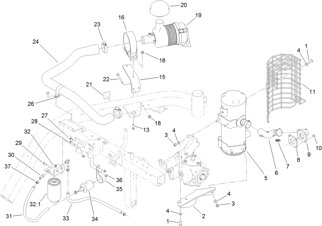 Air Cleaner, Fuel Filter and Exhaust Assembly