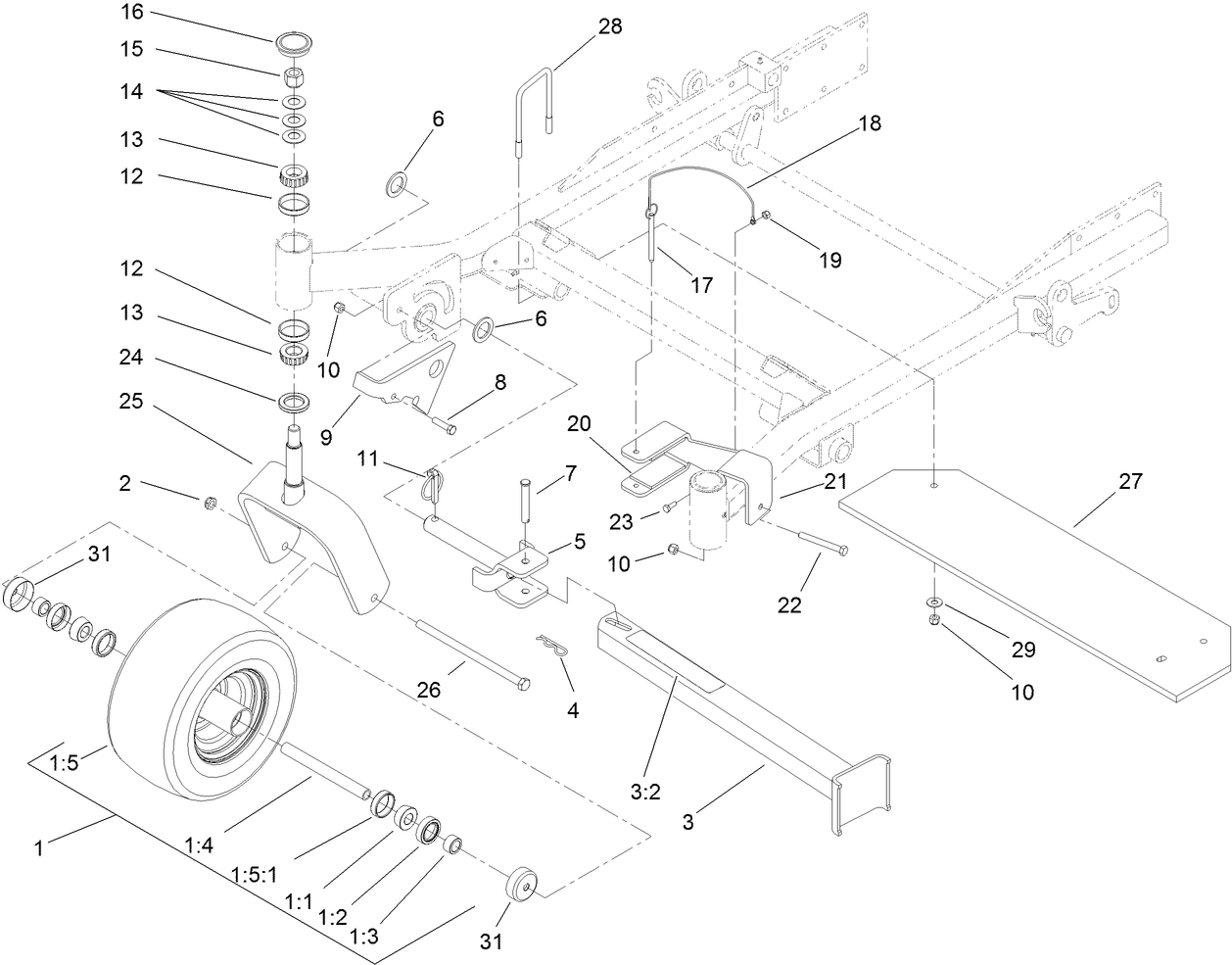 Fork, Caster Wheel and Z Stand Assembly