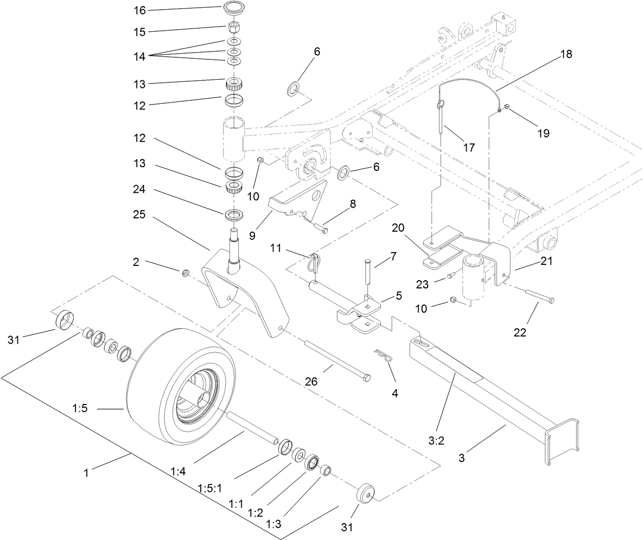 Fork, Caster Wheel and Z Stand Assembly