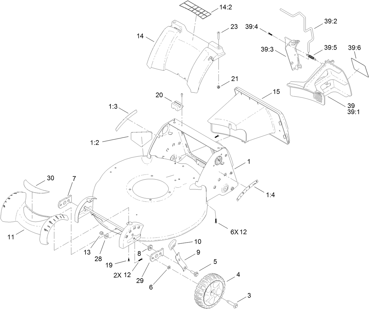 Deck Housing, Front Wheel and Rear Door Assembly