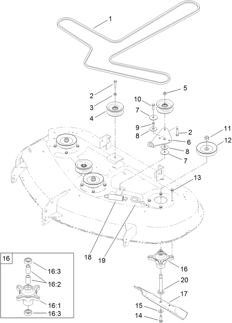 50 Inch Deck Belt, Spindle and Blade Assembly