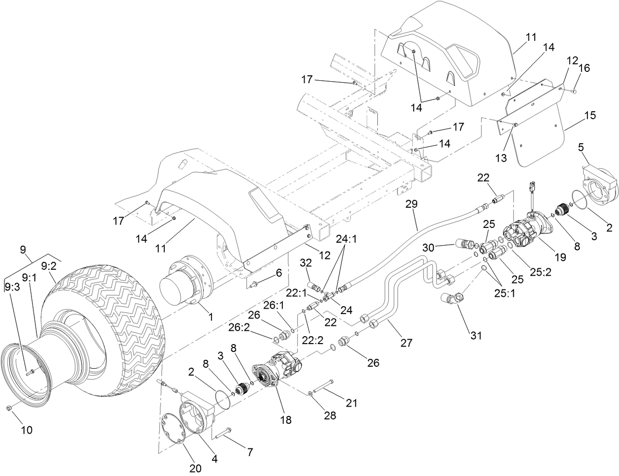 Rear Wheel, Fender and Motor Assembly
