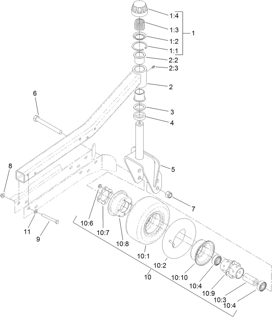 Left Deck Caster Arm and Wheel Assembly