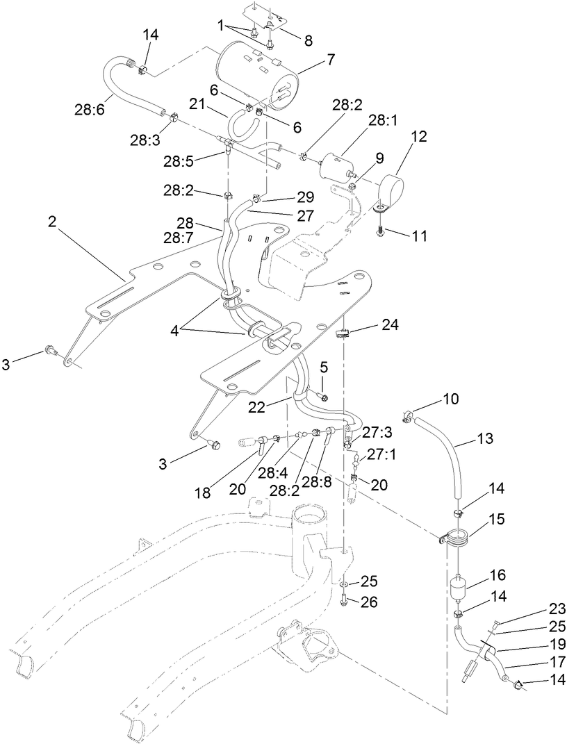 Fuel Line and Carbon Canister Hose Routing Assembly