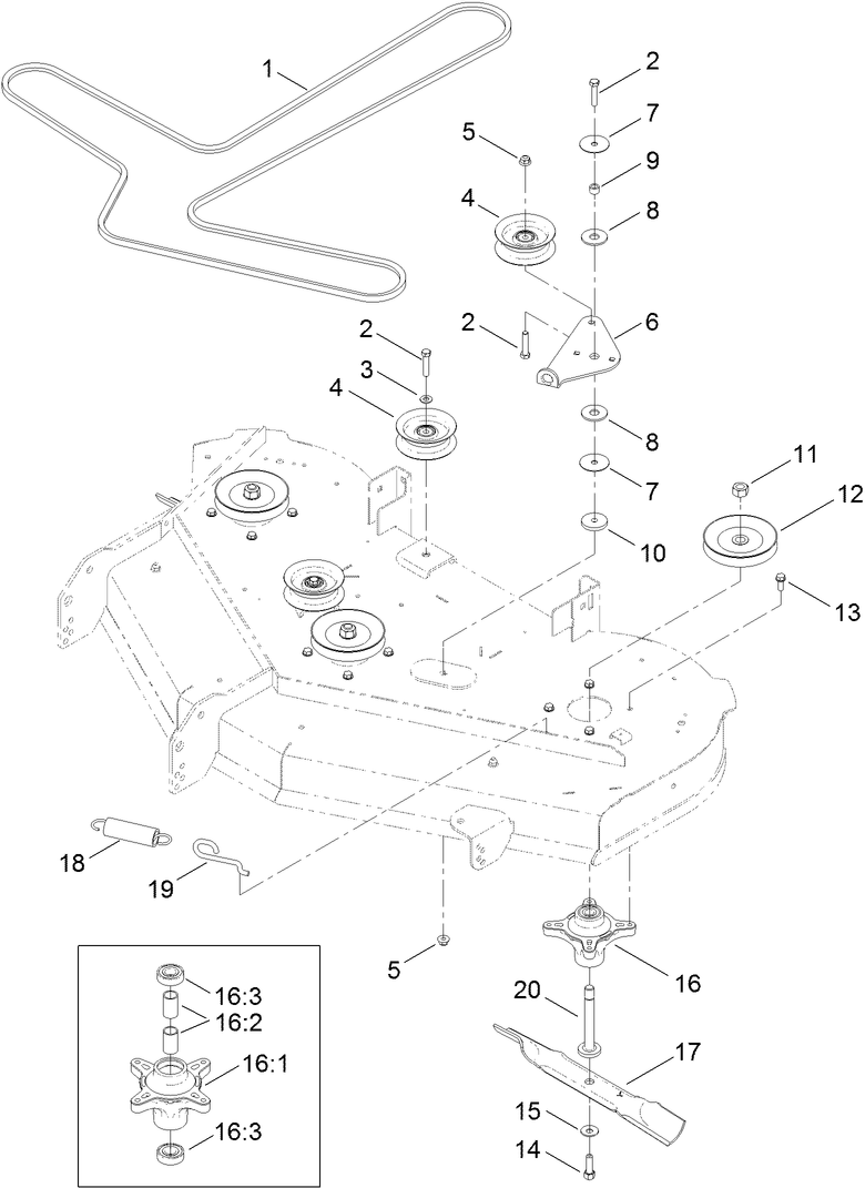 50 Inch Deck Belt, Spindle and Blade Assembly