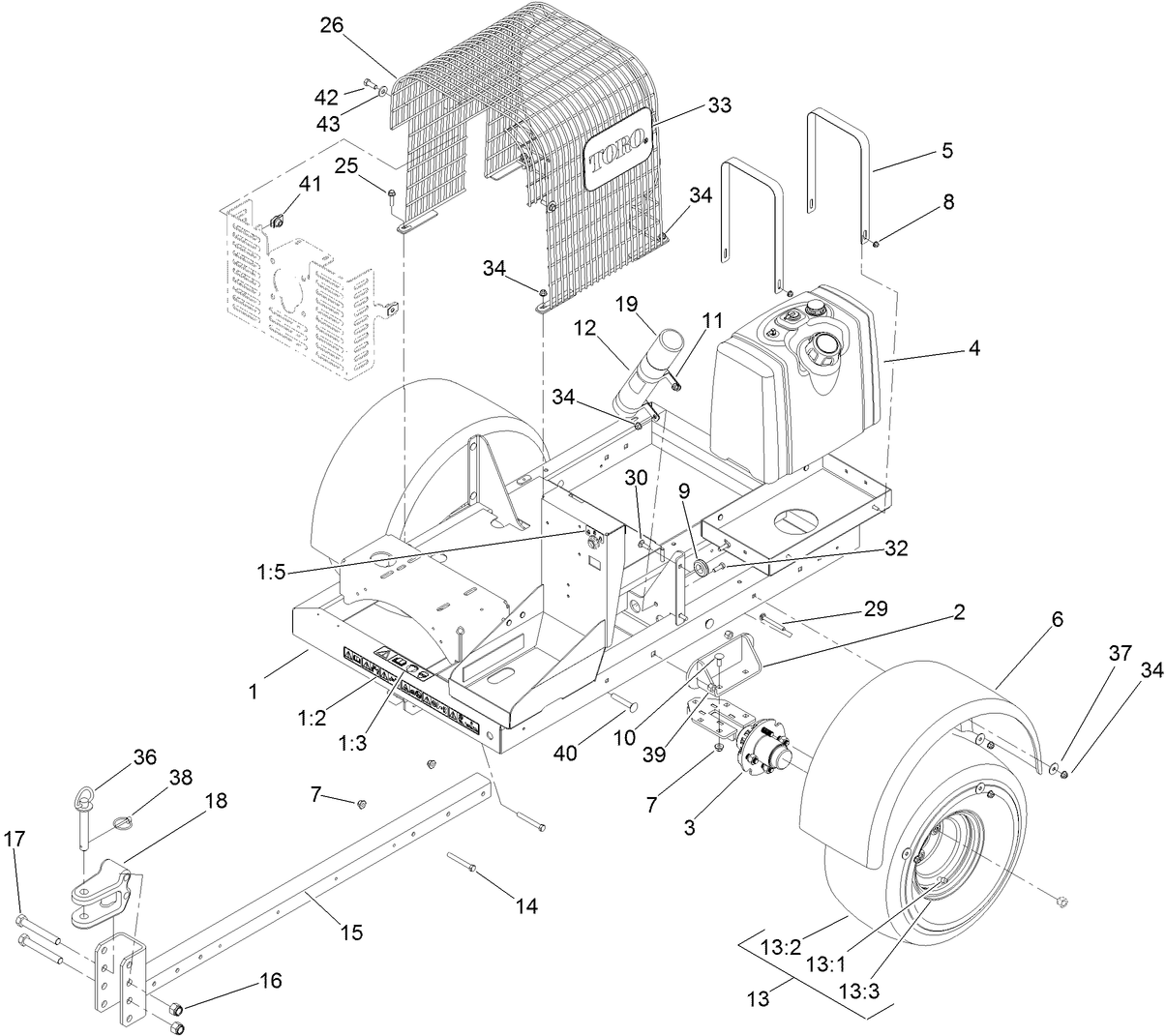Hitch, Trailer, Fuel Tank, Hub and Wheel Assembly