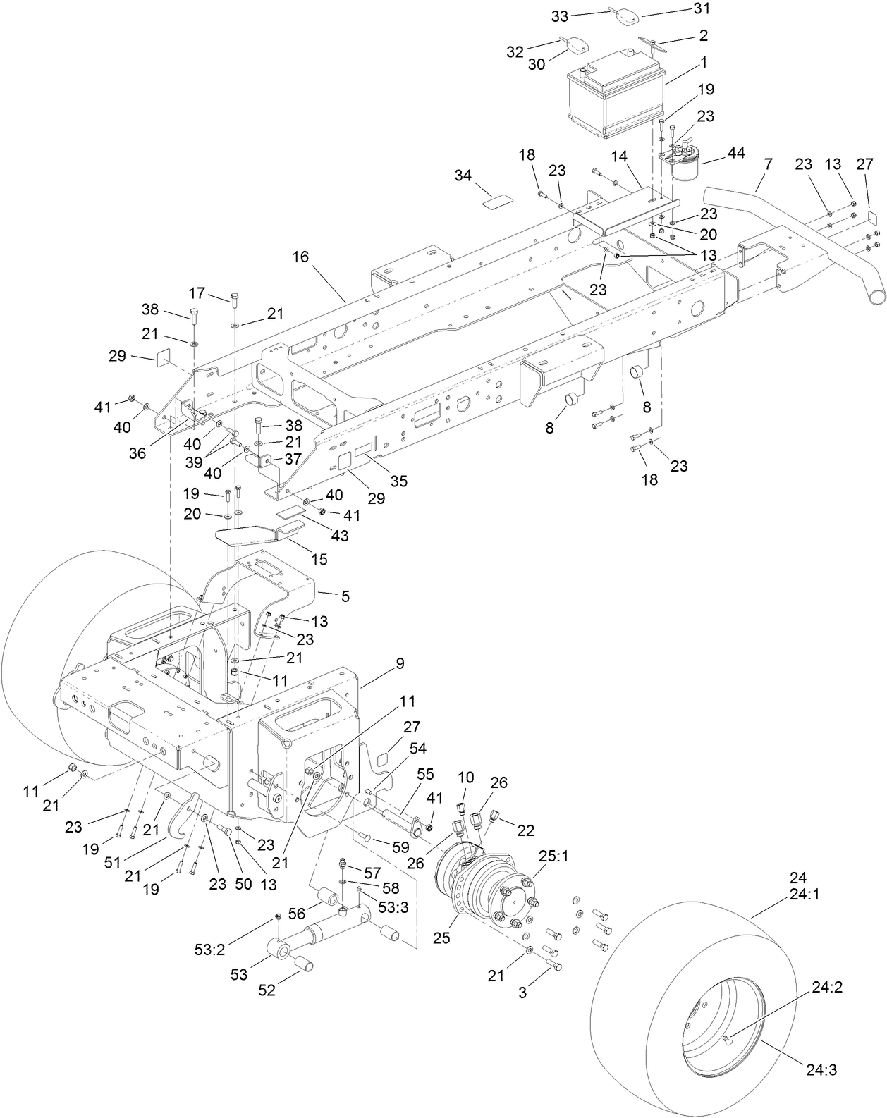 Main Frame, Chassis, Front Wheel and Battery Assembly