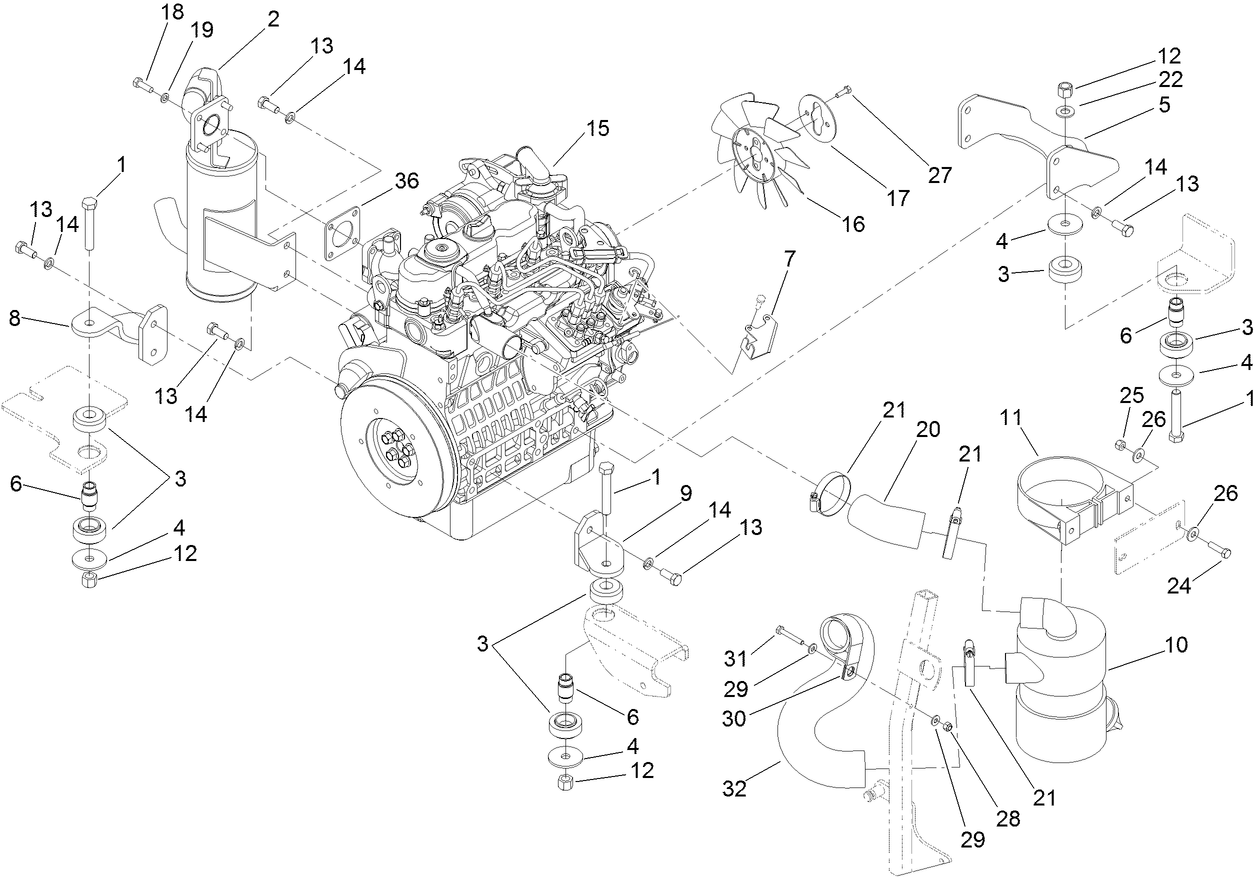 Engine, Exhaust and Air Intake Assembly