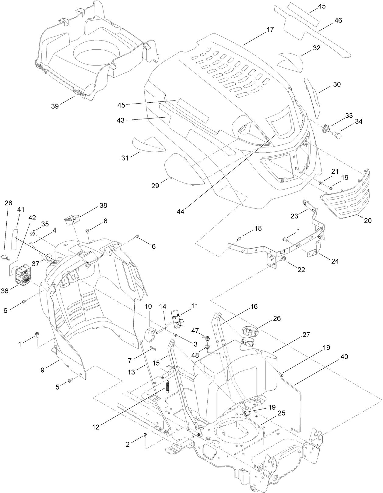 Fuel Tank, Hood and Dash Assembly