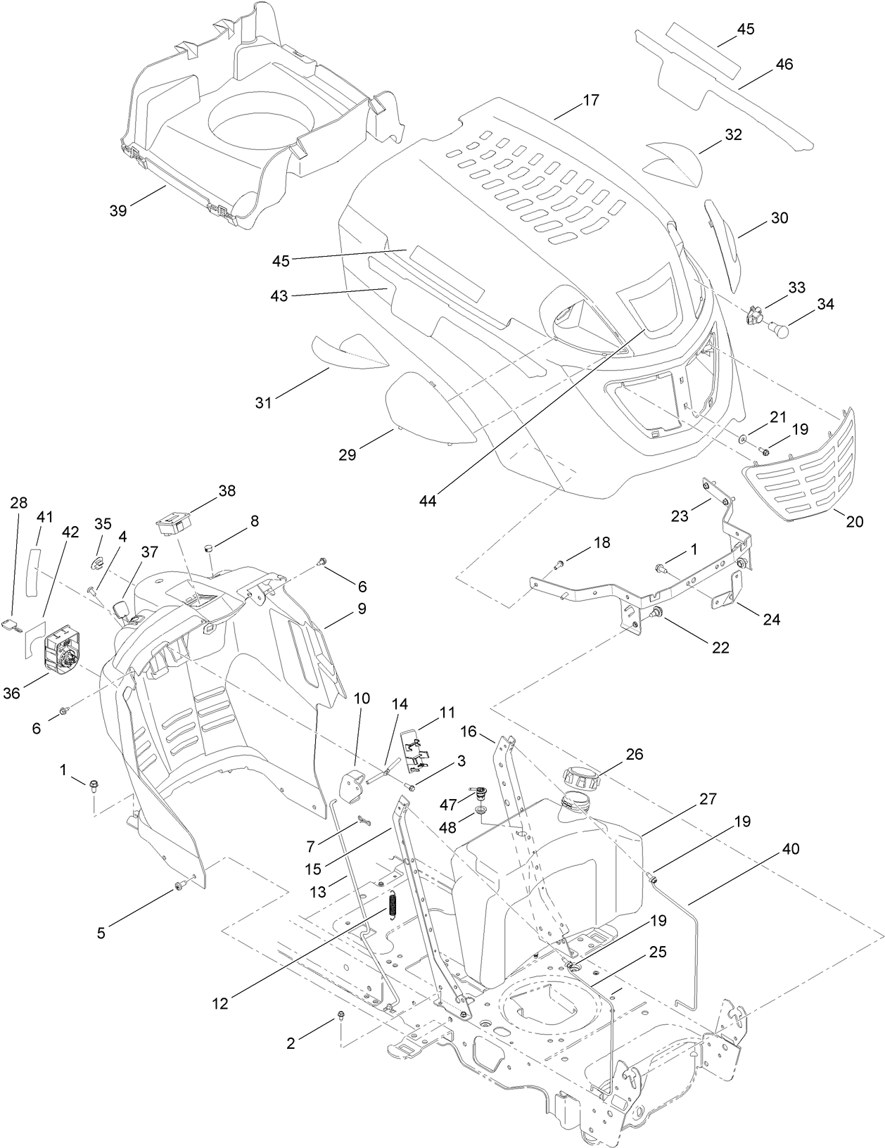 Fuel Tank, Hood and Dash Assembly