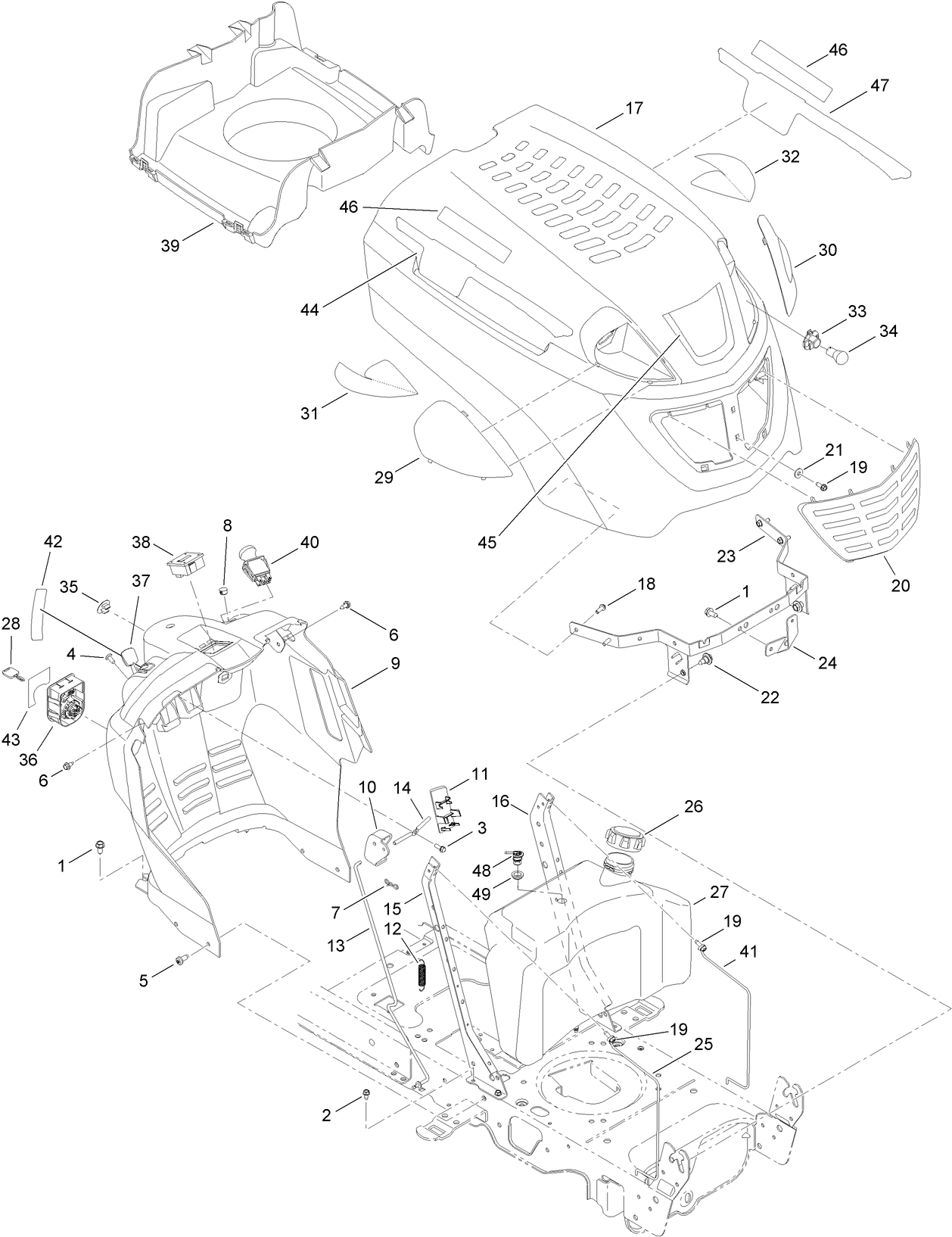 Fuel Tank, Hood and Dash Assembly
