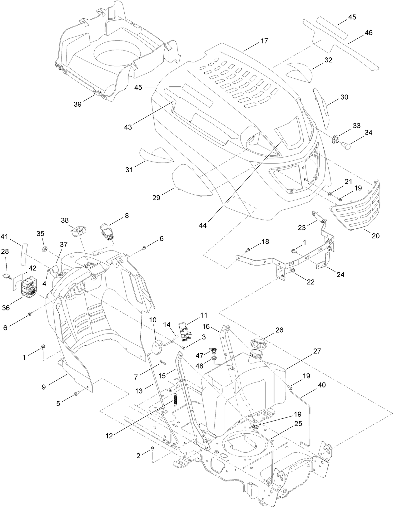 Fuel Tank, Hood and Dash Assembly