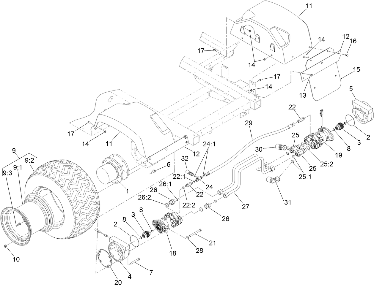 Rear Wheel, Fender and Motor Assembly