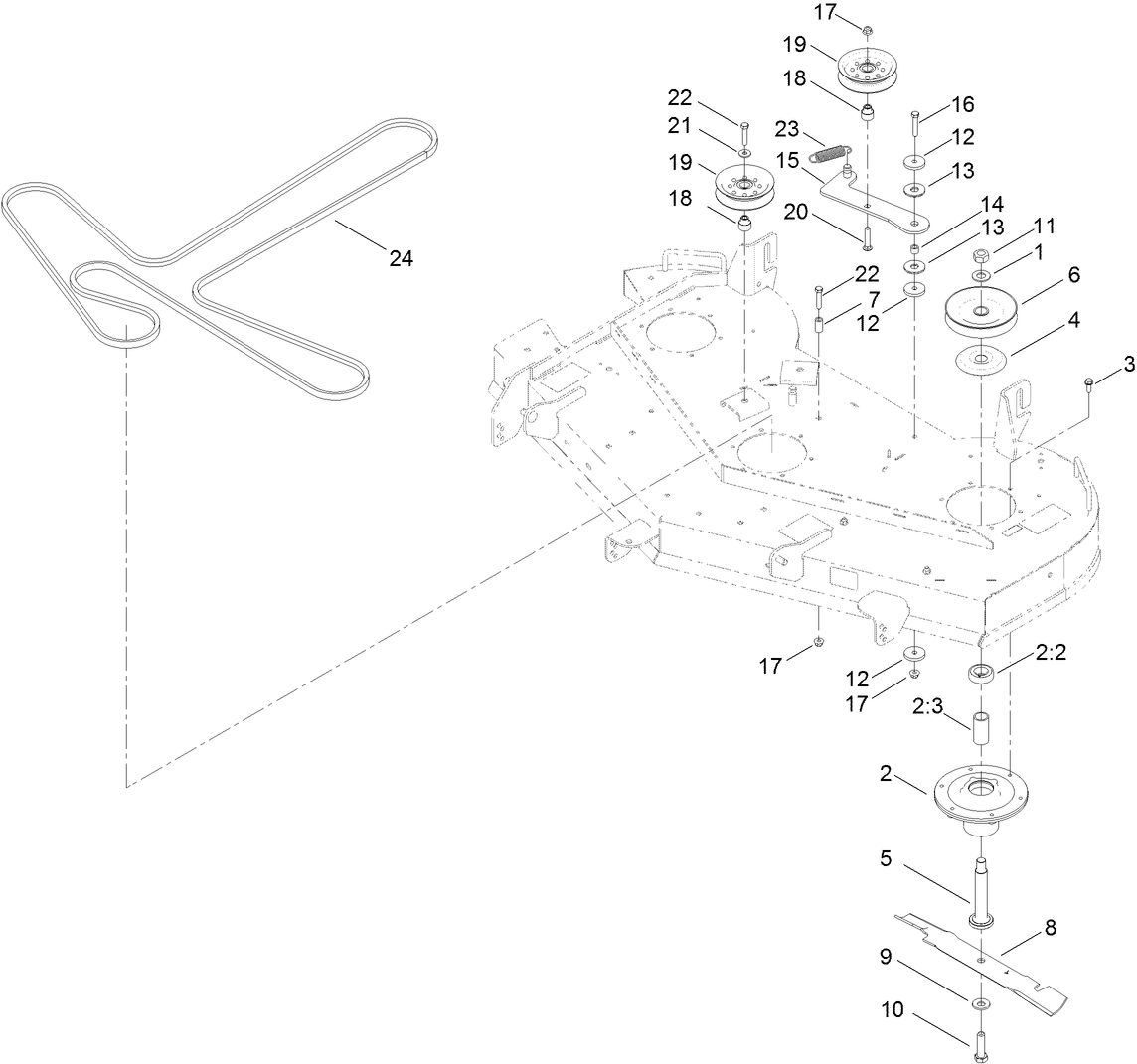 Deck, Belt and Mulch Blade Assembly