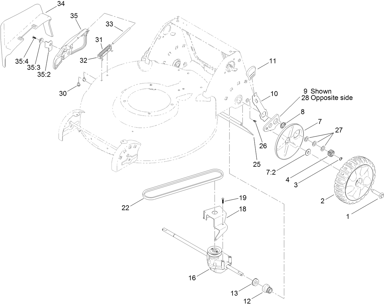 Transmission, Rear Wheel and Side Discharge Assembly