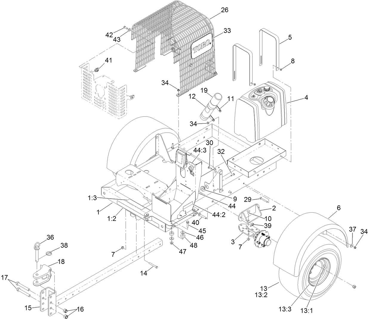 Hitch, Trailer, Fuel Tank, Hub and Wheel Assembly