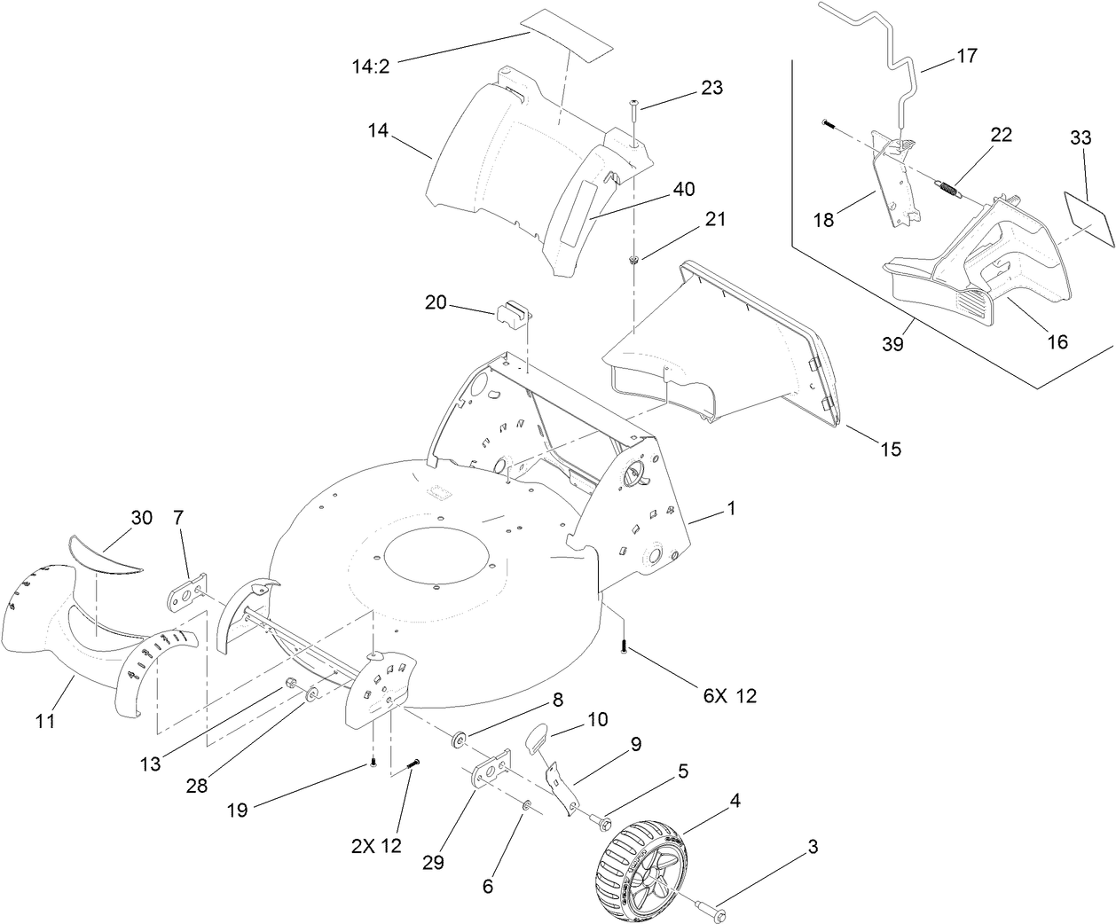 Deck Housing, Front Wheel and Rear Door Assembly