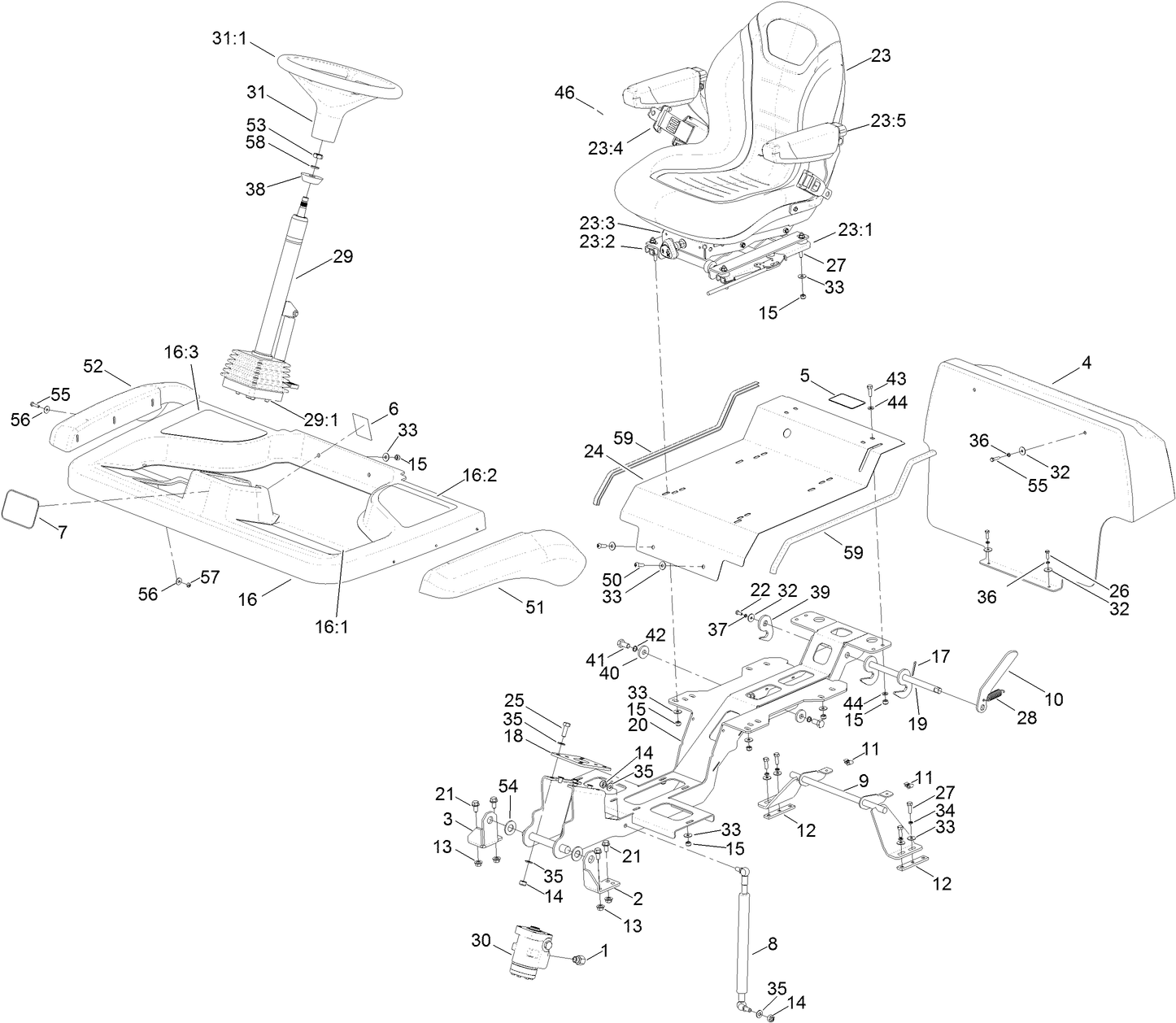 Steering Column, Seat and Platform Assembly