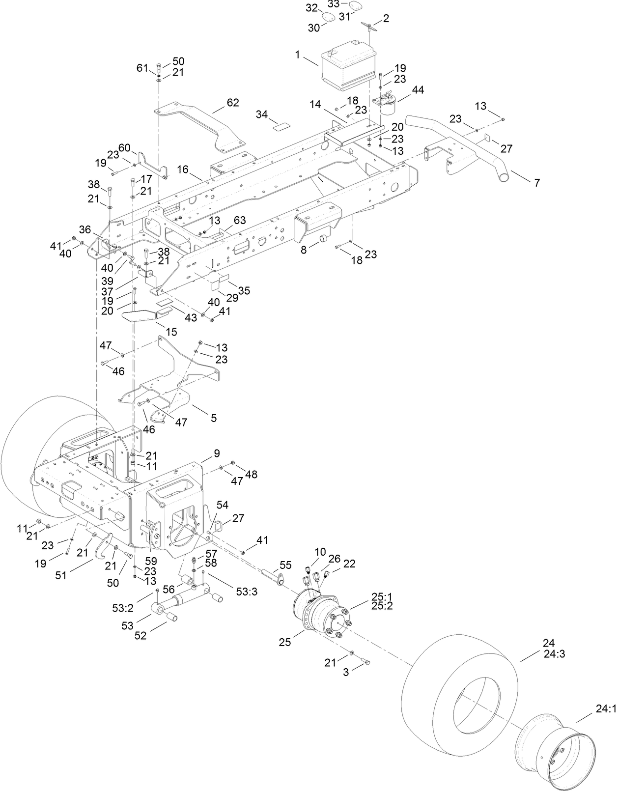 Main frame, Chassis, Front Wheel and Battery Assembly