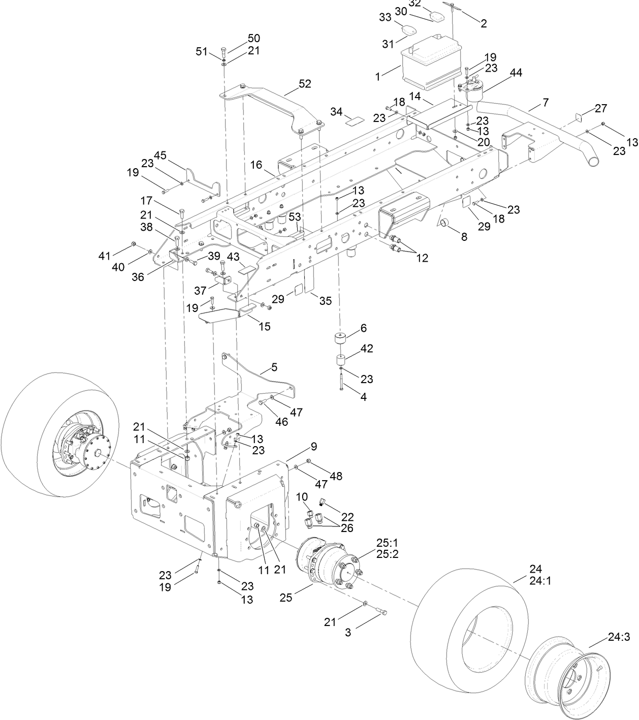 Main Frame, Front Wheel and  Battery Assembly