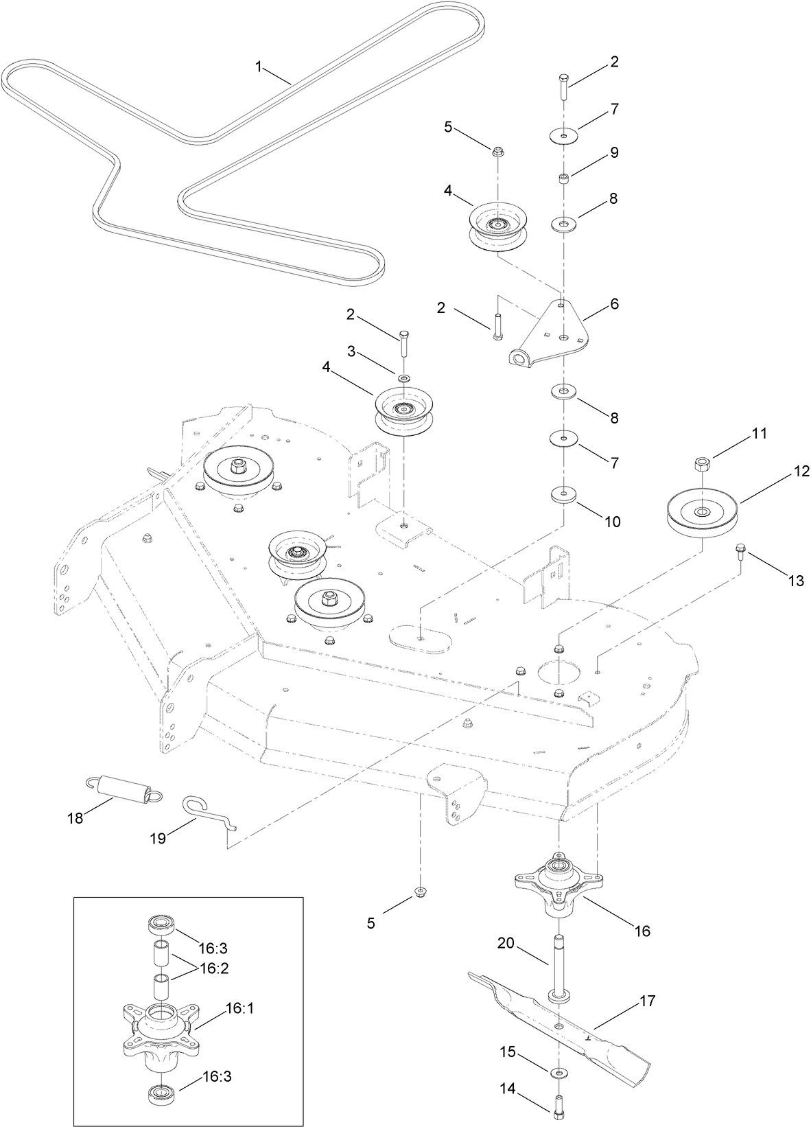 50 Inch Deck Belt, Spindle and Blade Assembly