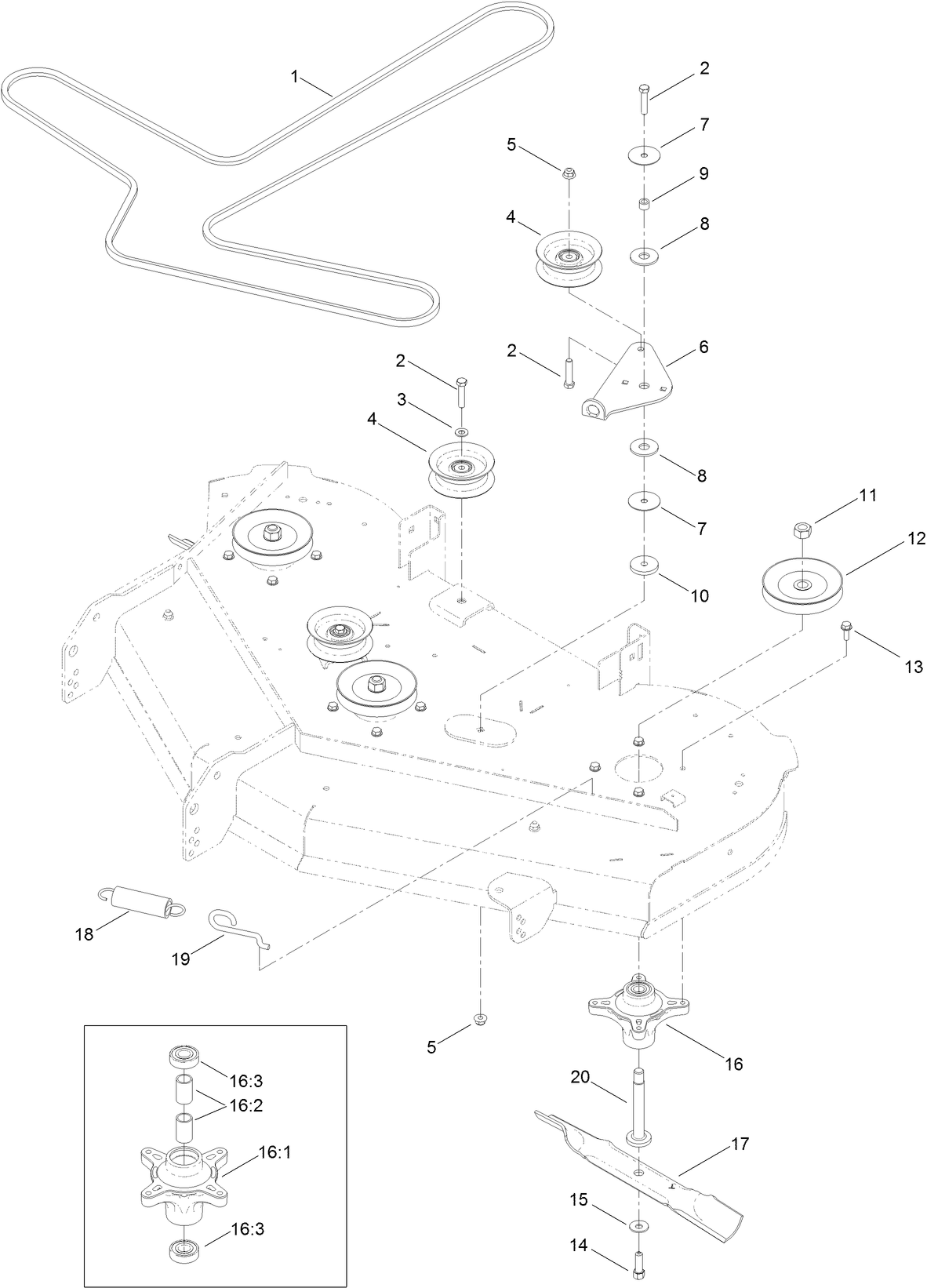 50 Inch Deck Belt, Spindle and Blade Assembly