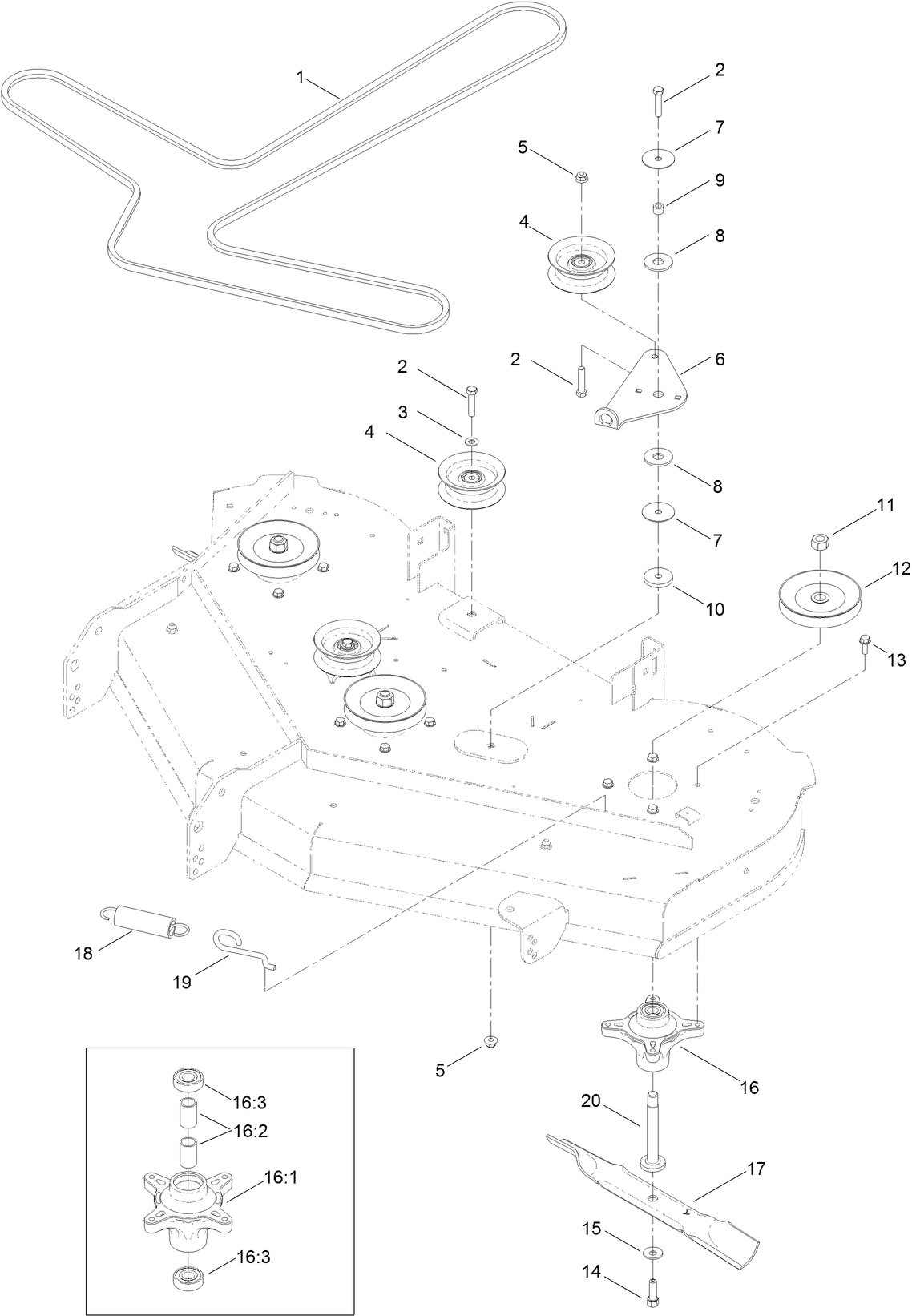 50 Inch Deck Belt, Spindle and Blade Assembly