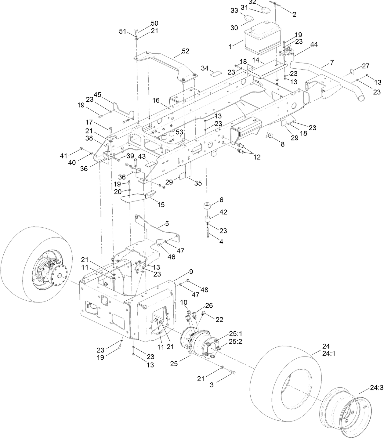 Main Frame, Chassis, Front Wheel and  Battery Assembly