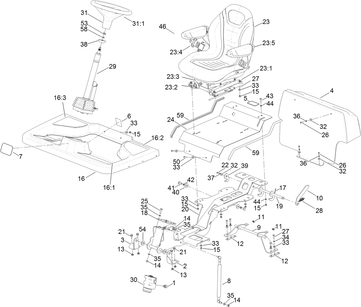 Steering Column, Seat and Platform Assembly