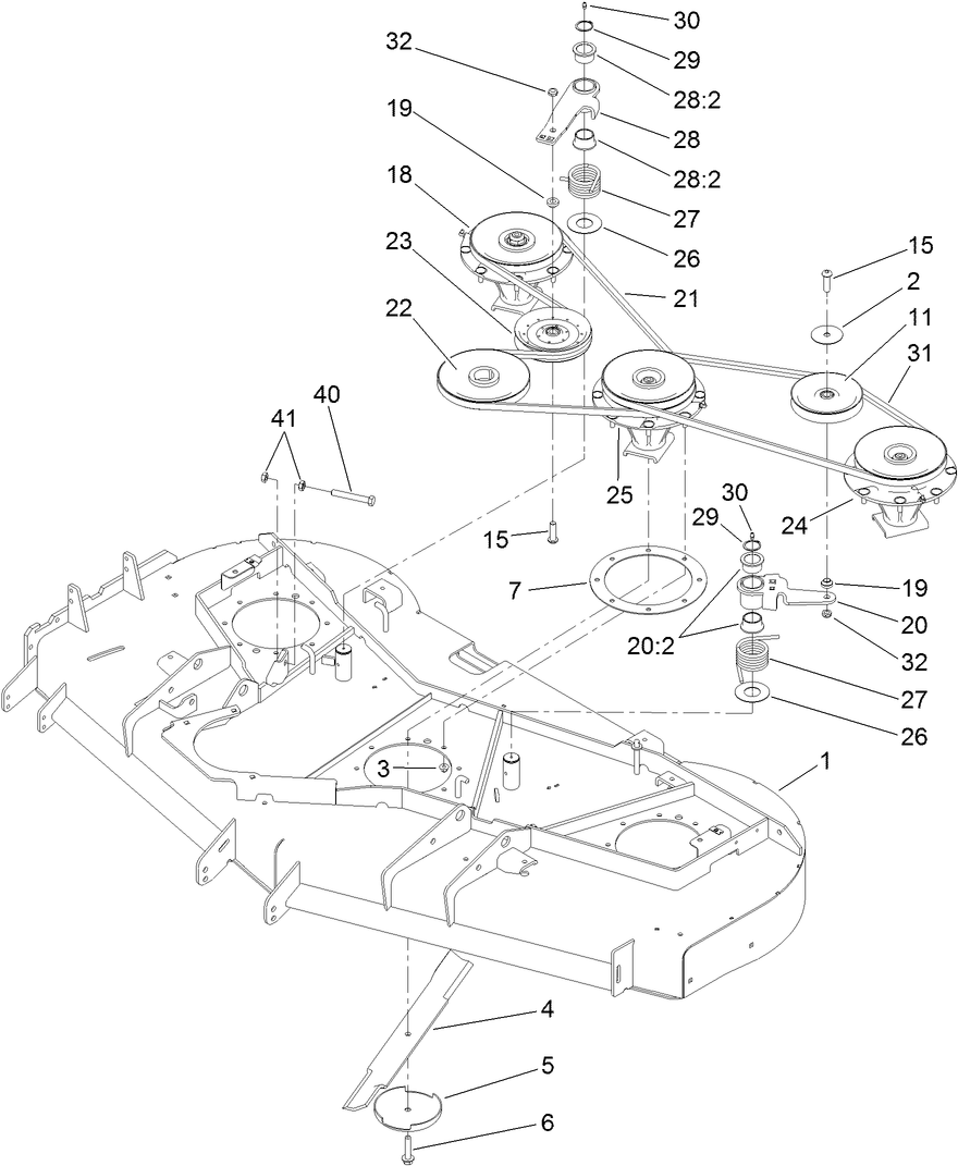 Deck, Spindle, Blade, Belt and Pulley Assembly