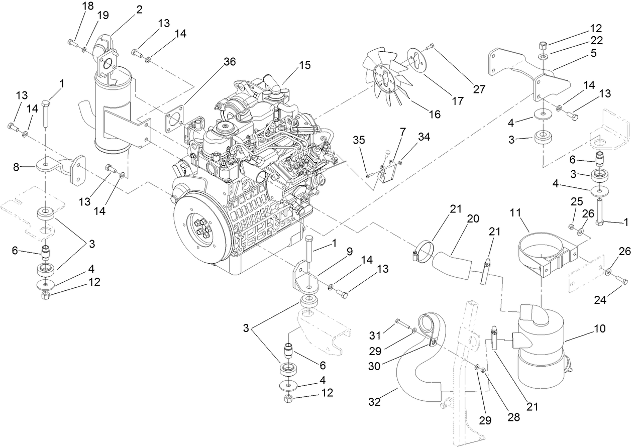 Engine, Exhaust and Air Intake Assembly