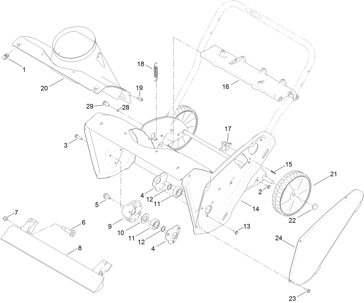 Main Frame, Chute and Wheel Assembly
