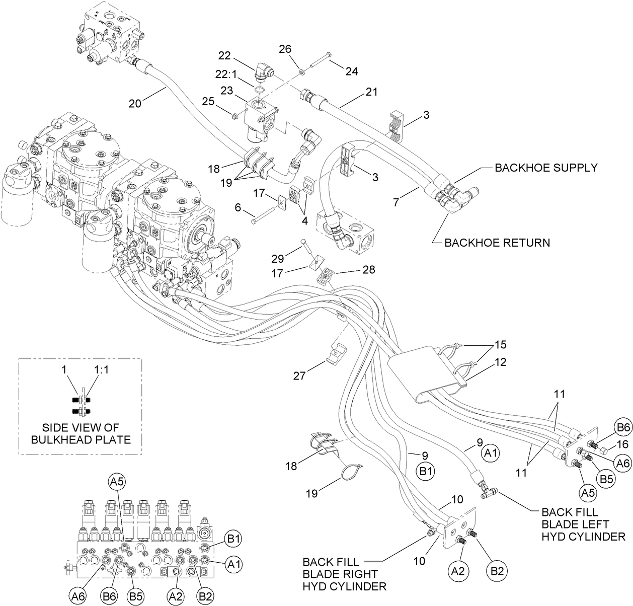 Tandem Pump and  Main Valve Hydraulic Plumbing Assembly
