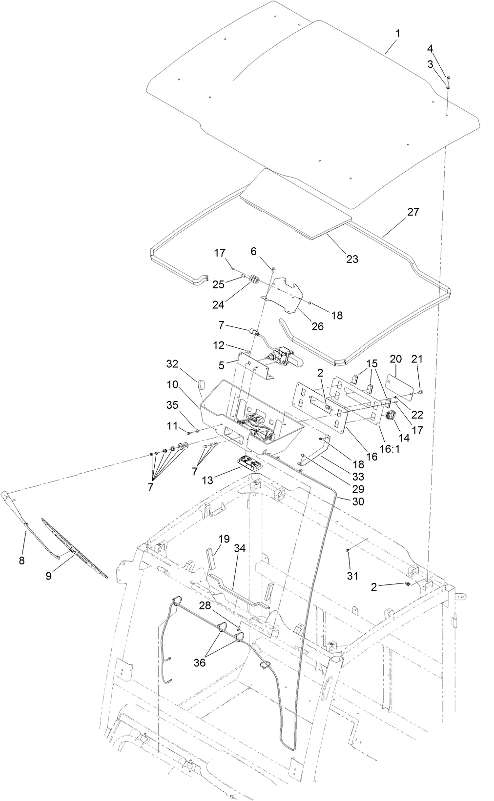 Roof, Wiper Motor and Console Assembly