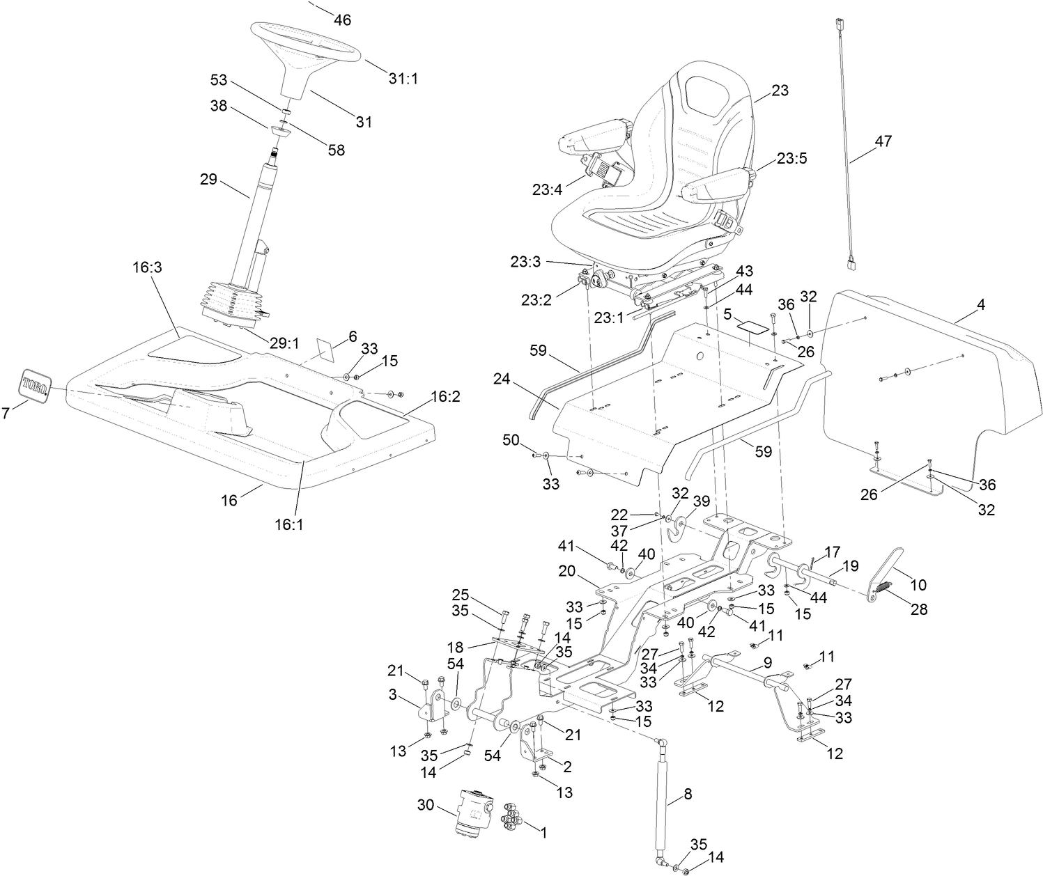 Steering Column, Seat and Platform Assembly