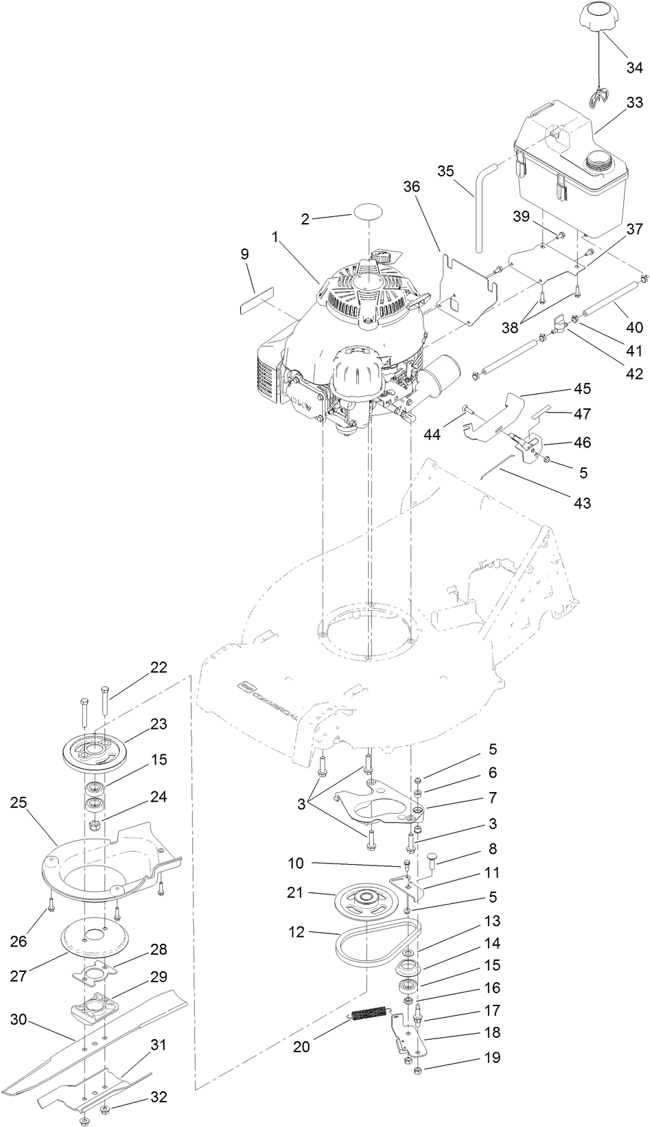 Engine, Fuel-Tank and Blade Assembly