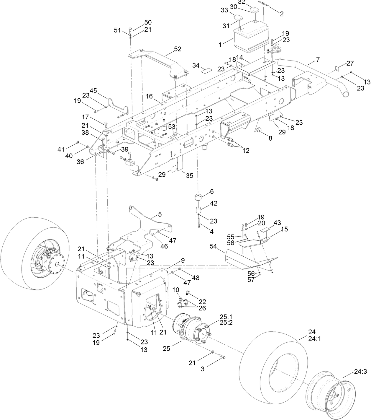 Main Frame, Front Wheel and Battery Assembly