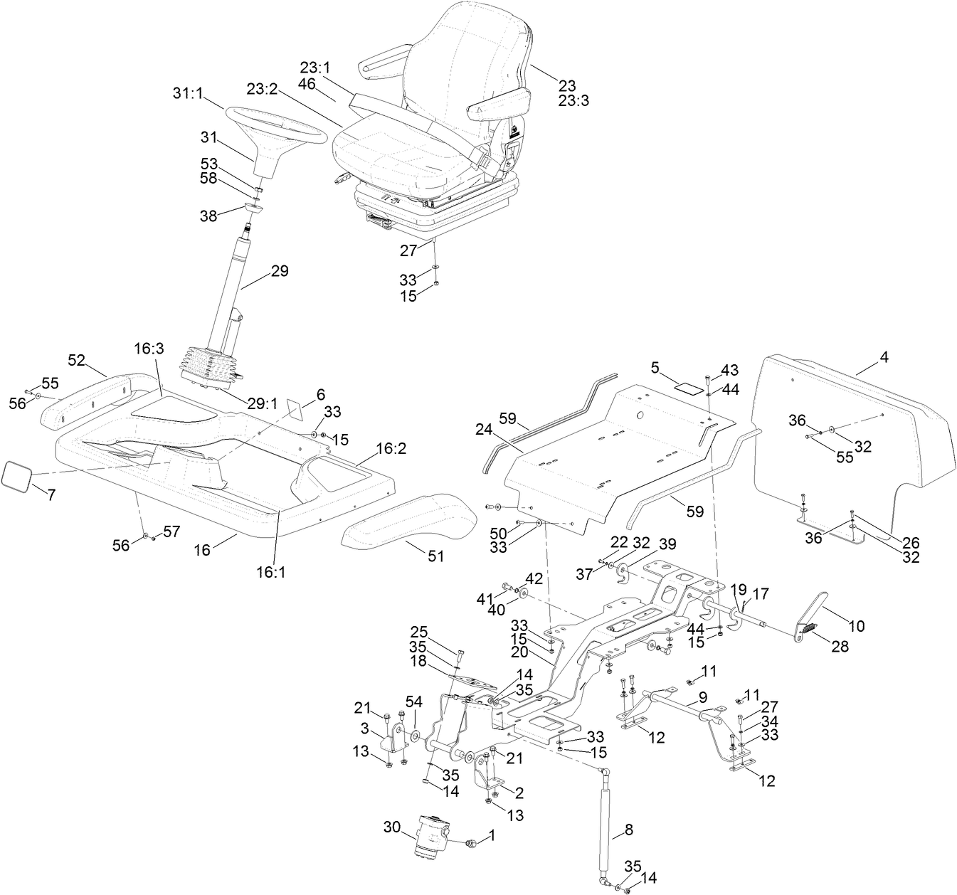 Steering Column, Seat and Platform Assembly