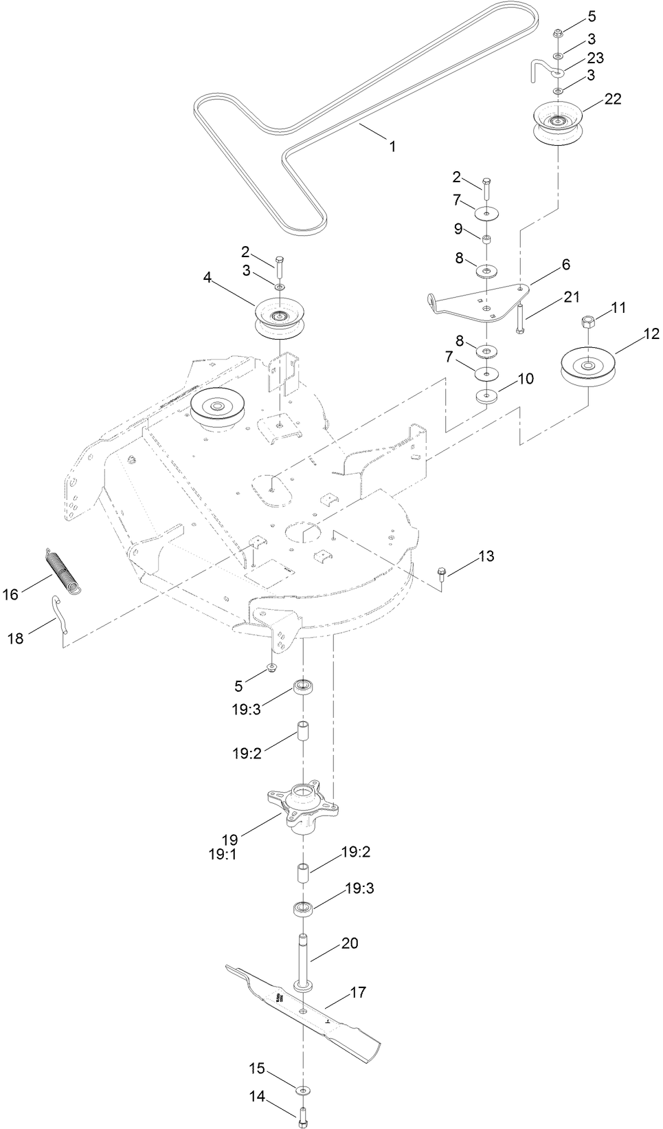 34 Inch Deck, Belt and Blade Assembly