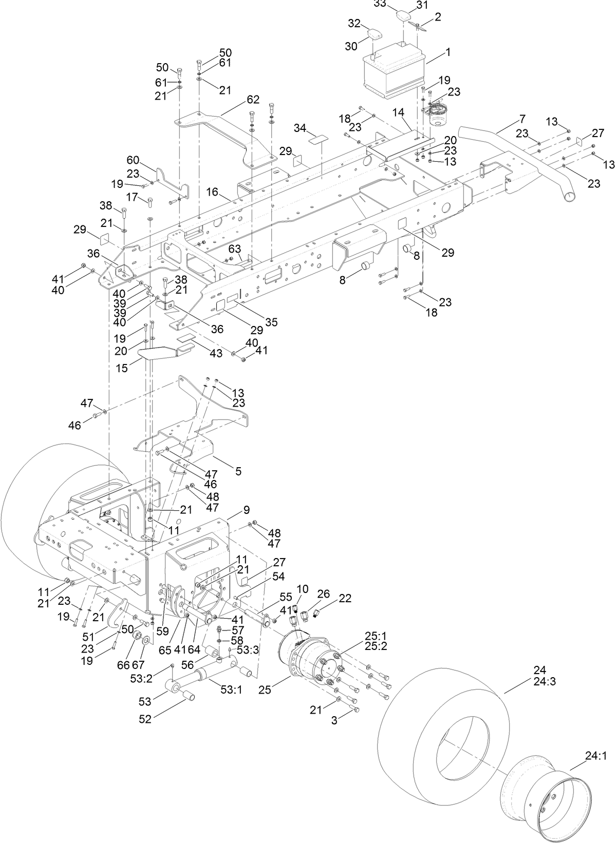Main Frame, Chassis, Front Wheel and Battery Assembly
