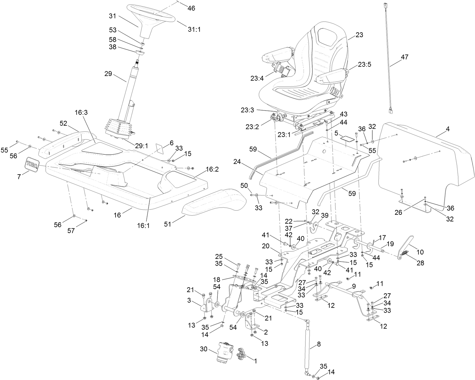 Steering Column, Seat and Platform Assembly