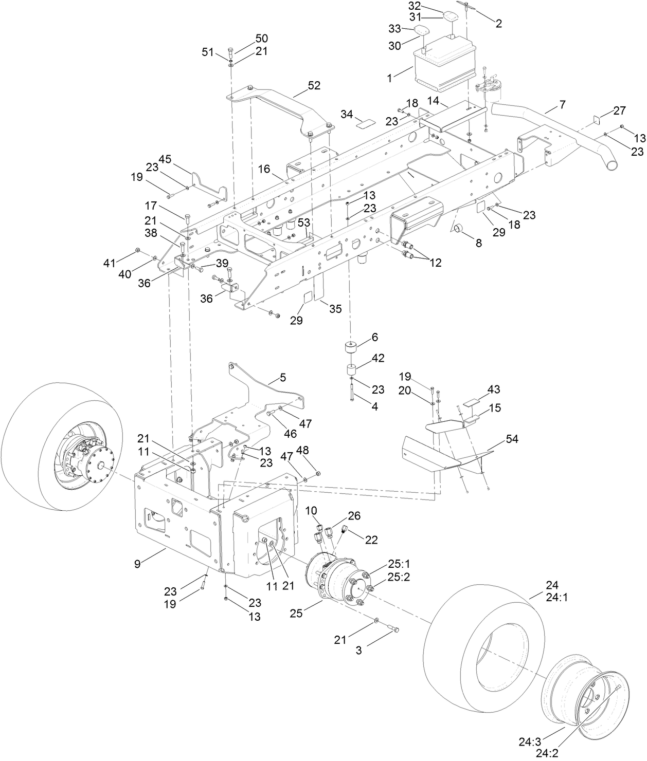 Main Frame, Chassis, Front Wheel  and Battery Assembly