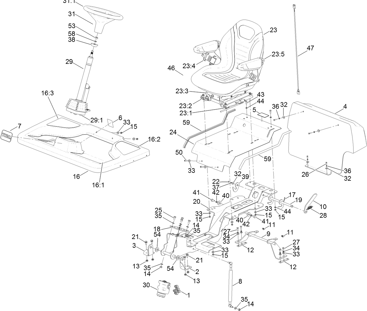 Steering Column, Seat and Platform Assembly