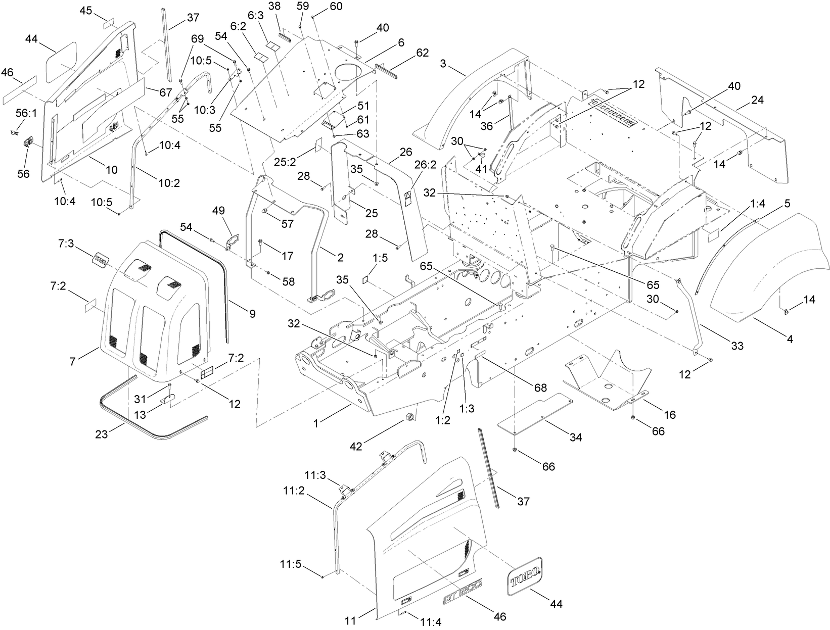 Main Frame, Hood and Fender Mounting Assembly