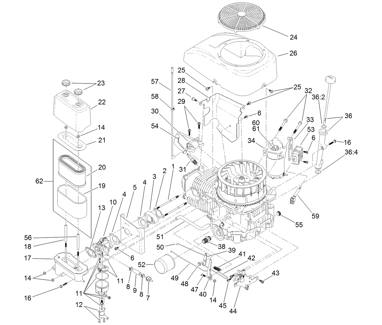 Carburetor, Starter and Fan Shroud Assembly
