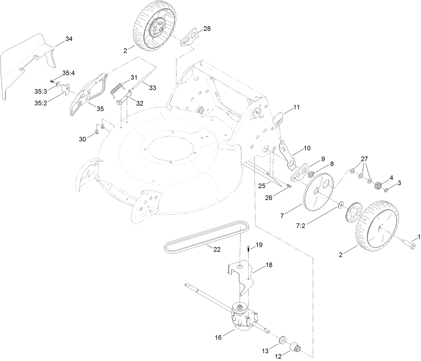 Transmission, Rear Wheel  and Side Discharge Assembly