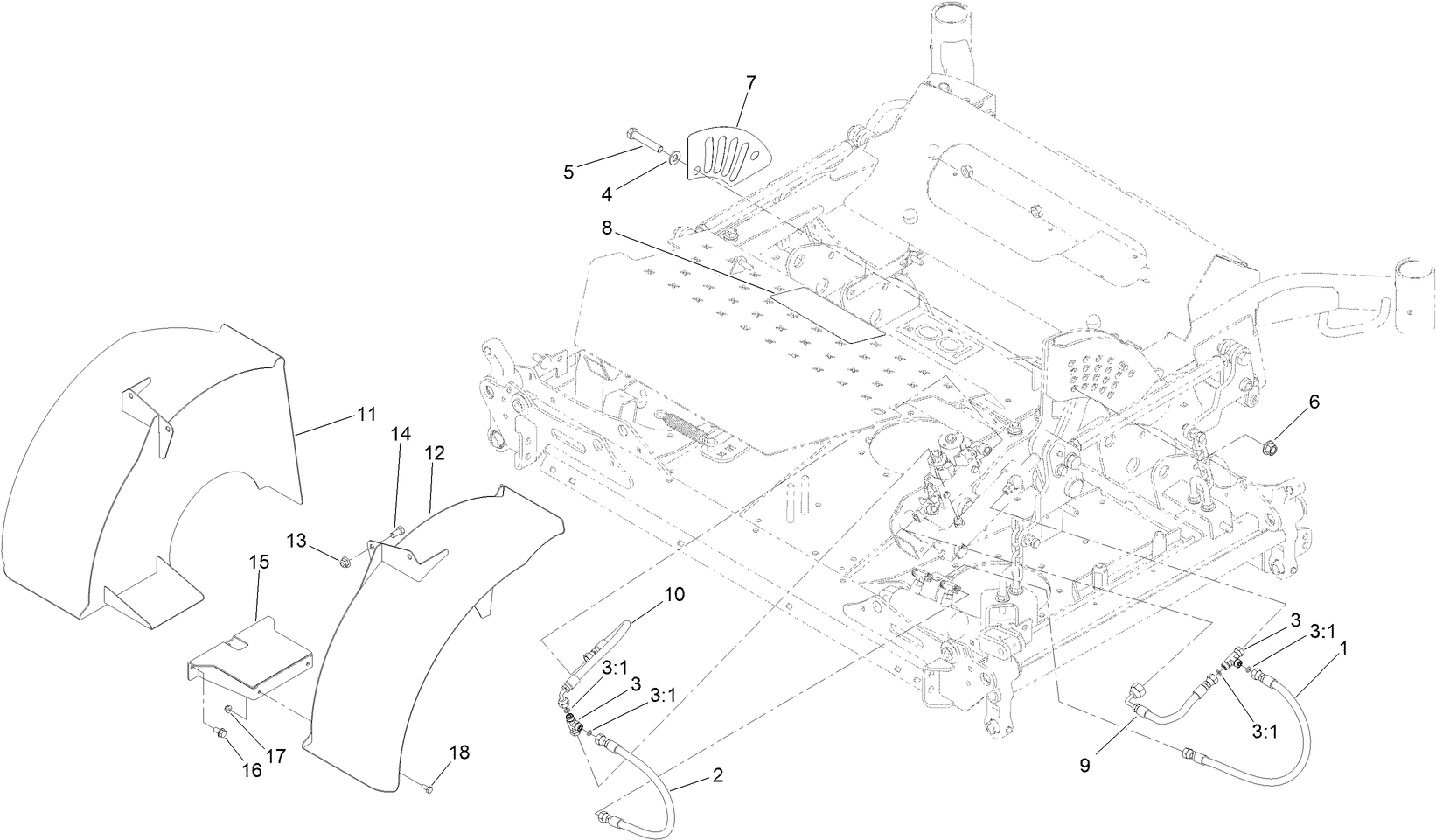 Fender, Hydraulic Hose and Decal Assembly
