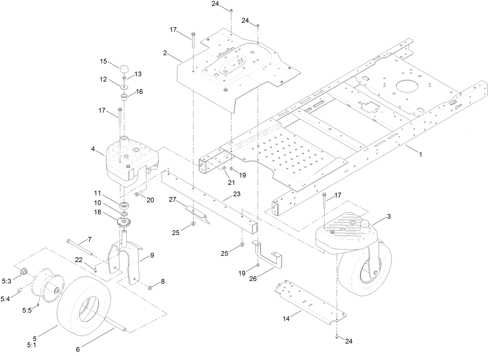 Frame, front Axle and Caster Wheel Assembly
