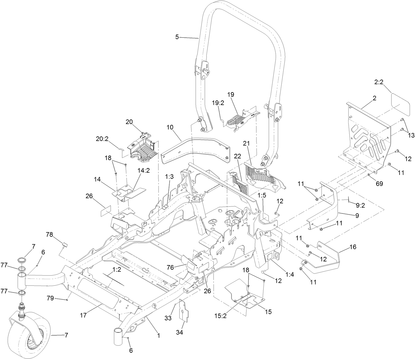 Frame, Caster Wheel and  Roll-Over Protection System Assembly