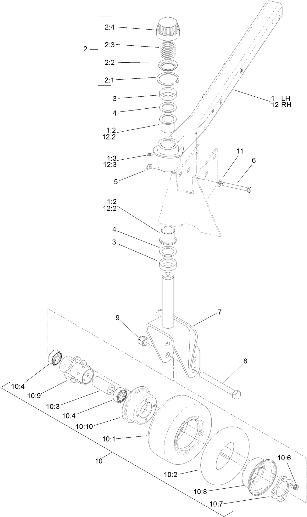 Front Deck Caster Arm and Wheel Assembly